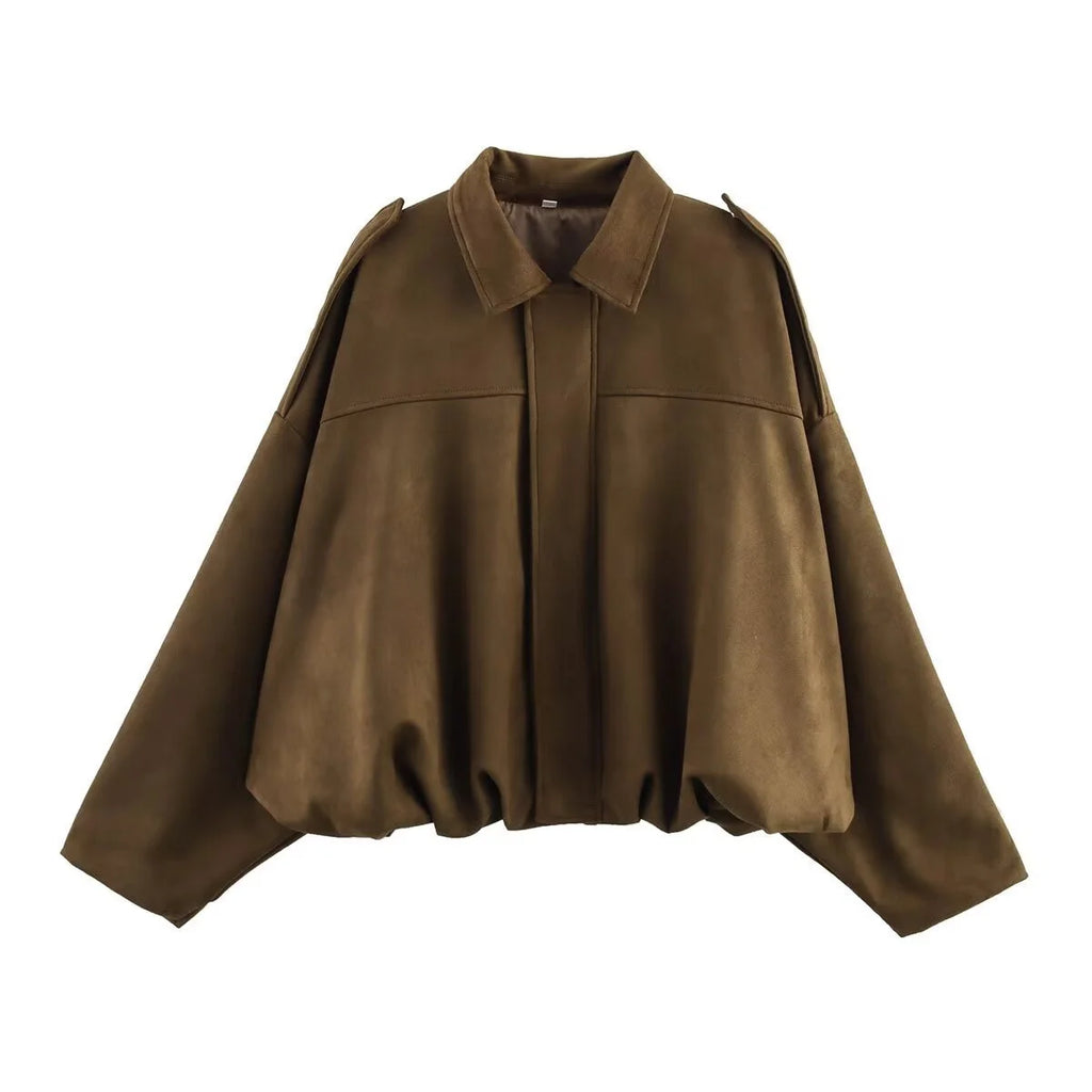 Women's Army Elegant Bomber Jackets Coats Fashion Turn-down Collar Long Sleeve Loose Coats Vintage Female Outerwear Chic Tops