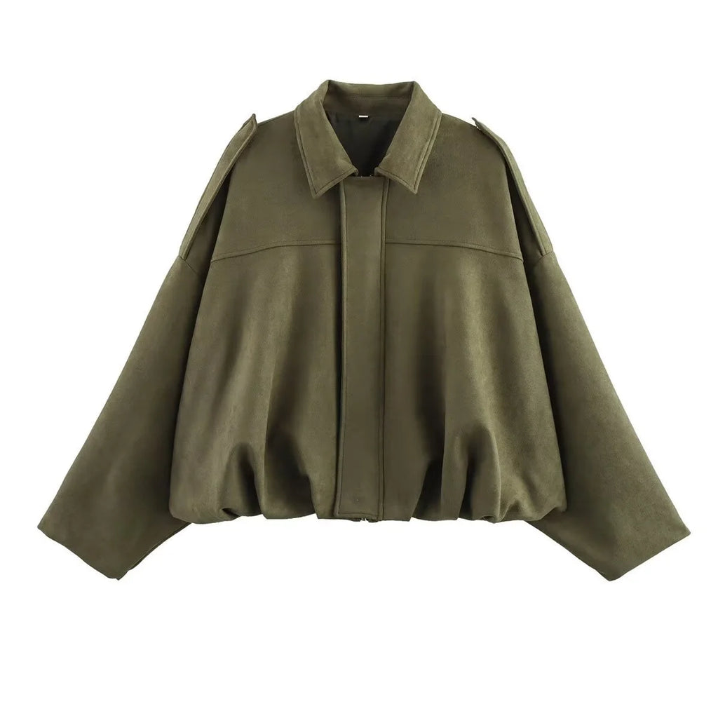 Women's Army Elegant Bomber Jackets Coats Fashion Turn-down Collar Long Sleeve Loose Coats Vintage Female Outerwear Chic Tops