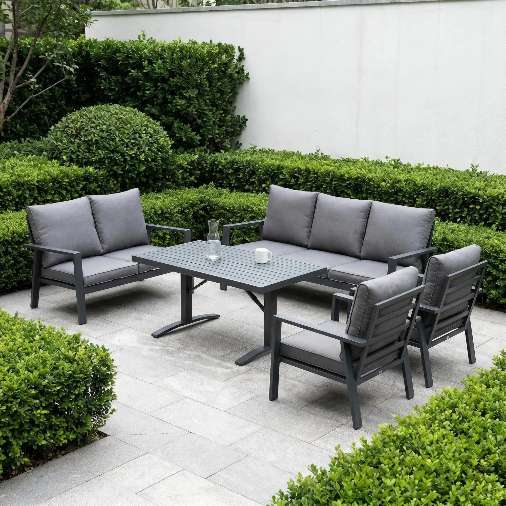 J&M T836B Modern Dark Gray 7 Seats Aluminum Garden Sofa Set Comfortable Durable Waterproof Weather Resistant Outdoor Furniture