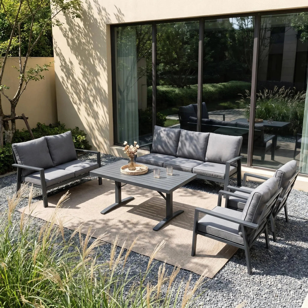 J&M T836B Modern Dark Gray 7 Seats Aluminum Garden Sofa Set Comfortable Durable Waterproof Weather Resistant Outdoor Furniture