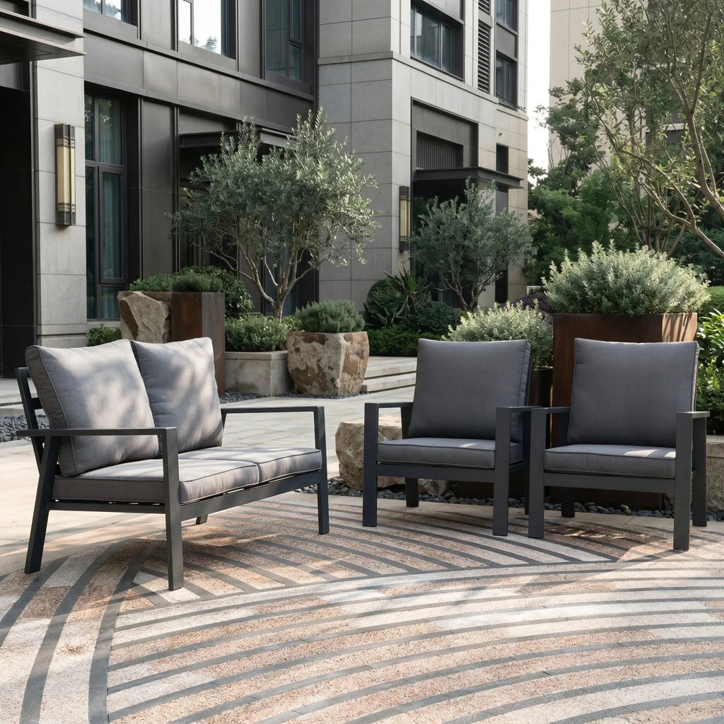 J&M T836B Modern Dark Gray 7 Seats Aluminum Garden Sofa Set Comfortable Durable Waterproof Weather Resistant Outdoor Furniture