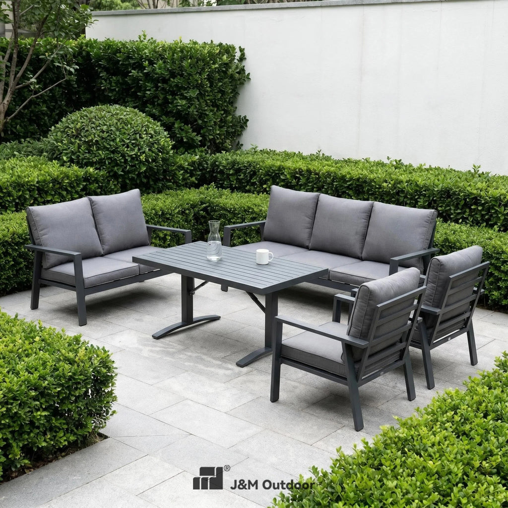 J&M T836B Modern Dark Gray 7 Seats Aluminum Garden Sofa Set Comfortable Durable Waterproof Weather Resistant Outdoor Furniture