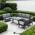 J&M T836B Modern Dark Gray 7 Seats Aluminum Garden Sofa Set Comfortable Durable Waterproof Weather Resistant Outdoor Furniture