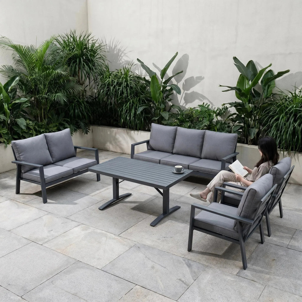 J&M T836B Modern Dark Gray 7 Seats Aluminum Garden Sofa Set Comfortable Durable Waterproof Weather Resistant Outdoor Furniture