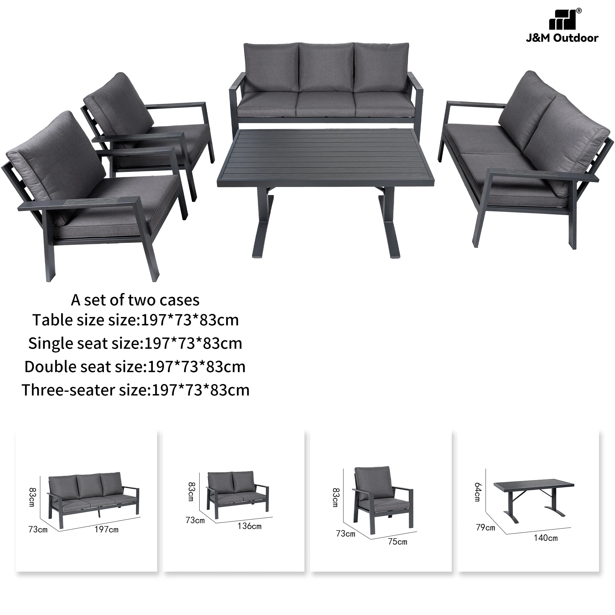 J&M T836B Modern Dark Gray 7 Seats Aluminum Garden Sofa Set Comfortable Durable Waterproof Weather Resistant Outdoor Furniture