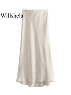Willshela 2024 Black Satin Skirt Woman High Waist Elegant Long Skirts For Women Fashion Summer Midi Skirt Office Women's Skirts