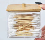 1 Household Cotton Swab Storage Tank, Acrylic Square Bamboo Cover Storage Box, Suitable For Bathroom, Bedroom, Transparent