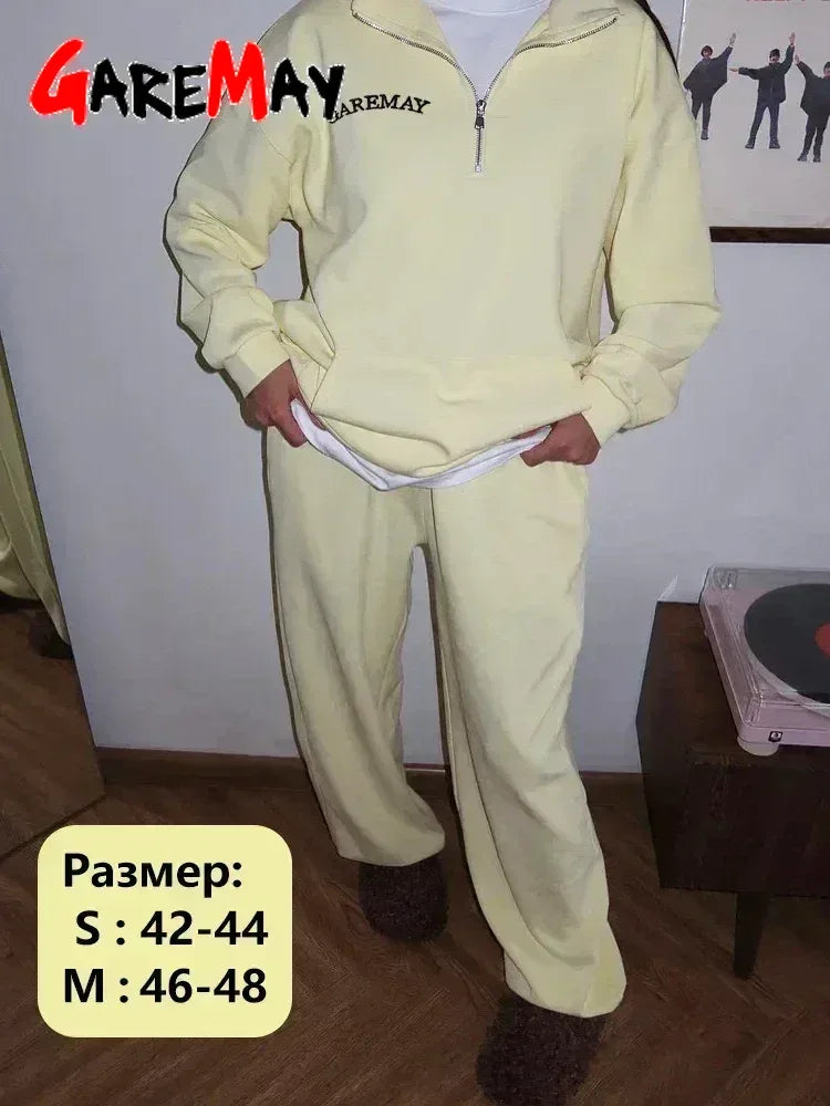 Spring Women's Tracksuit with Zipper Cotton Oversize Classic Pink  Two Piece Set Women Casual  Yellow Trouser Suits for Women